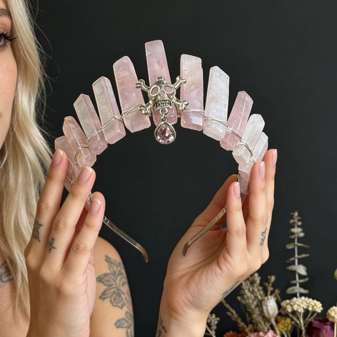Gothic Natur Kristall Krone Totenkopf Haarreif Handgefertigt Hexe Haarschmuck Quarz Tiara Halloween Party Schmuck Für Damen
