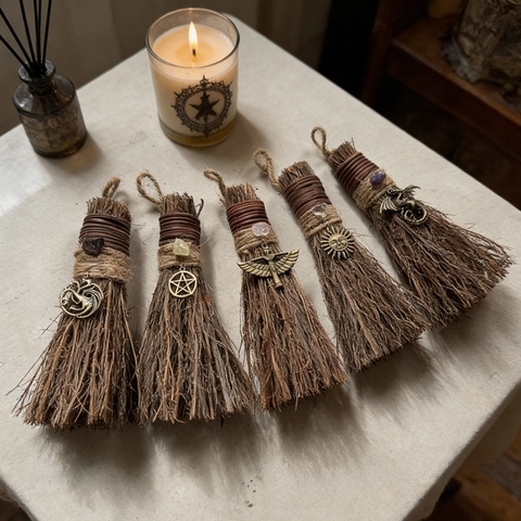 Scopa da Strega Besom Fatta a Mano Legno Naturale Iuta Ciondolo Metallo Cristallo Per Halloween Casa Decorazioni Mistico
