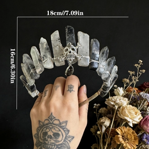 Gothic Natur Kristall Krone Totenkopf Haarreif Handgefertigt Hexe Haarschmuck Quarz Tiara Halloween Party Schmuck Für Damen