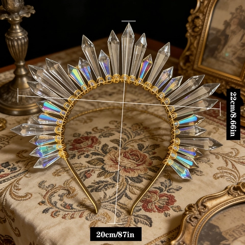Cerchietto Corona Halo Dea del Sole Perle di Cristallo Iridescenti Filo di Metallo Dorato Fatto a Mano Bohemia Matrimonio Festa