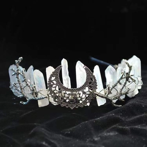 Natural Crystal Moon Hairband Bohemian Forest Branch Bridal Wedding Crown Gothic Tiara Handmade Headpiece Jewelry For Women