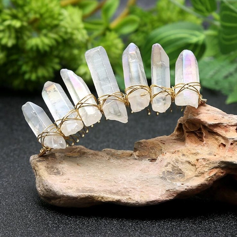 Bridal Crystal Hair Comb Crown Aura Quartz Point Bohemian Handmade Wire Wrapped Wedding Hair Jewelry Accessory For Women