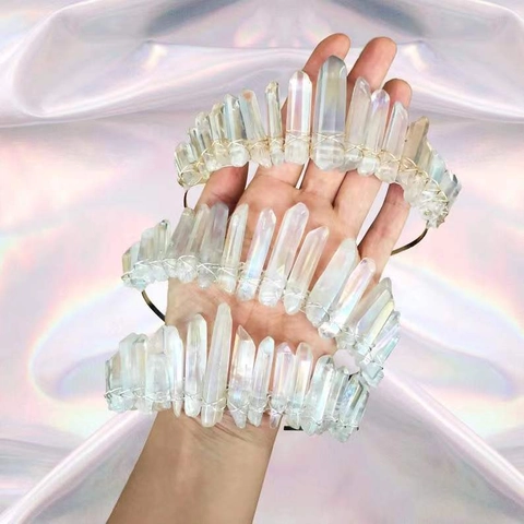Handmade Iridescent White Crystal Crown Headband Gold Silver Wire Wrapped Quartz Tiara For Bridal Wedding Party Hair Accessories