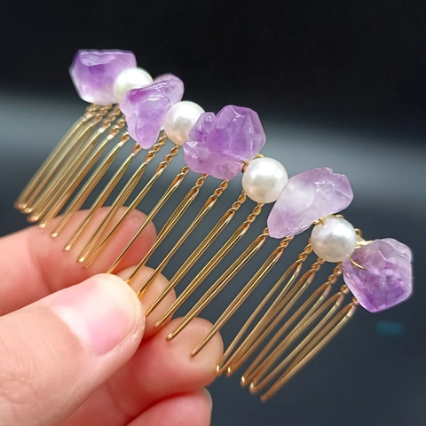 Handgefertigter Natürlicher Amethyst Haarkamm Mit Künstlicher Perle Gold Silber Drahtumwickelt Vintage Braut Haarschmuck