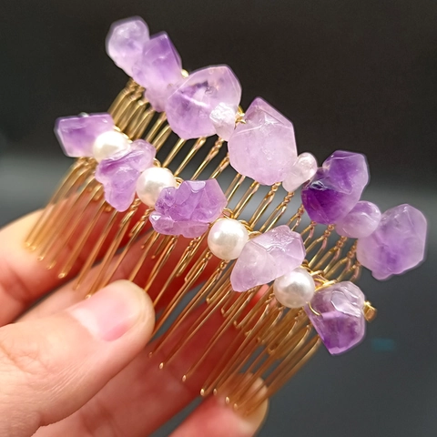 Handgefertigter Natürlicher Amethyst Haarkamm Mit Künstlicher Perle Gold Silber Drahtumwickelt Vintage Braut Haarschmuck