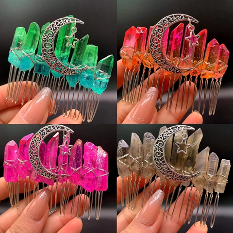 Handmade Natural Crystal Hair Comb With Hollow Moon Star Pendant Electroplated Raw Stone Bridal Hair Clip Wedding Accessory