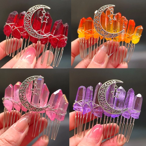 Handmade Natural Crystal Hair Comb With Hollow Moon Star Pendant Electroplated Raw Stone Bridal Hair Clip Wedding Accessory