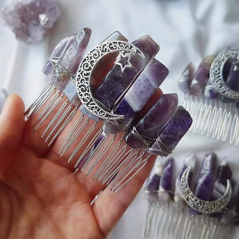 Natural Crystal Hair Comb Bohemian Moon Star Pendant Handmade Amethyst Clear Quartz Hair Piece For Women Wedding Accessories