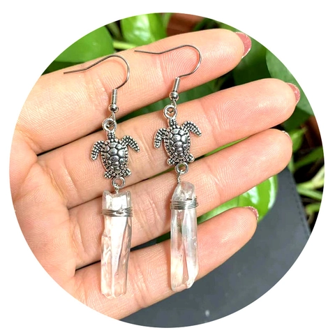 Bohemian Sea Turtle Dangle Earrings Alloy Crystal Stone Hexagonal Pillar Wire Wrap Animal Jewelry For Women Vacation