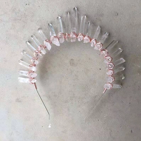 Cerchietto a Corona in Cristallo Bianco Naturale Tiara Bohemienne in Pietra Grezza Fatta a Mano Accessorio per Capelli per Matrimonio Donna