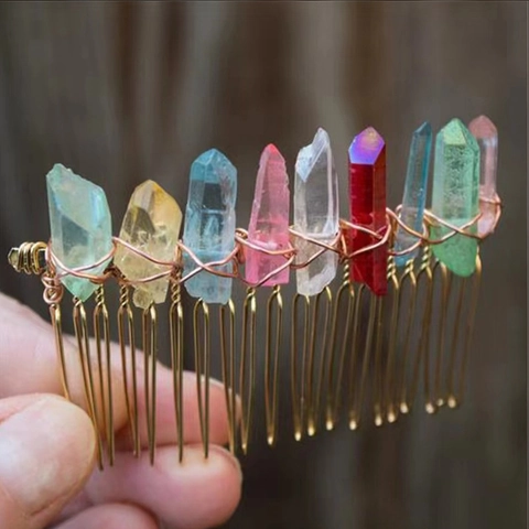 Bohemian Natural Clear Quartz Point Hair Comb Handmade Wire Wrapped Wicca Bridal Wedding Party Hair Accessories For Women
