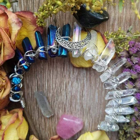 Cerchietto per Capelli Bohémien Fatto a Mano Corona di Cristallo Bicolore Con Ciondolo a Mezzaluna Elegante Accessorio per Capelli Donna