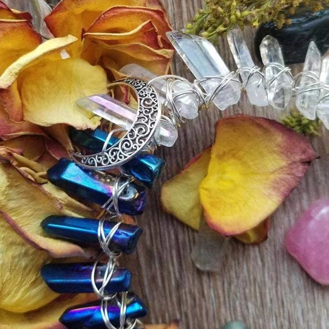 Cerchietto per Capelli Bohémien Fatto a Mano Corona di Cristallo Bicolore Con Ciondolo a Mezzaluna Elegante Accessorio per Capelli Donna
