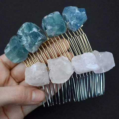 Natural Crystal Hair Comb Bohemian Irregular Crushed Stone Handmade Wire Wrapped Alloy Metal Hair Side Comb For Women Wedding Jewelry