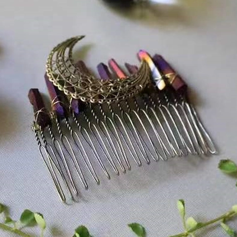 Bohemian Natural Crystal Moon Hair Comb Vintage Bronze Raw Stone Bridal Headpiece Handmade Wedding Hair Jewelry For Women