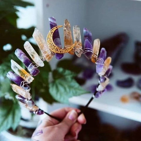 Handmade Natural Citrine Amethyst Crystal Crown Headband Mystic Moon Goddess Raw Stone Hair Hoop Bohemian Party Gift Jewelry