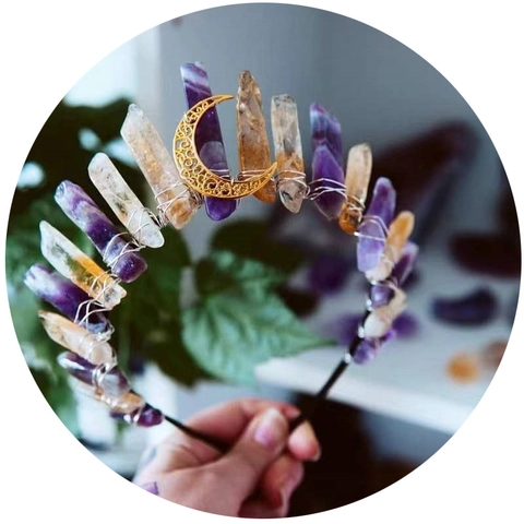 Handmade Natural Citrine Amethyst Crystal Crown Headband Mystic Moon Goddess Raw Stone Hair Hoop Bohemian Party Gift Jewelry