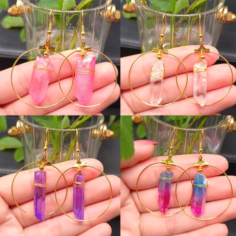 Bohemian Gold Alloy Natural Crystal Hoop Earrings Round Circle Wire Wrapped Quartz Stone Drop Earrings For Women Jewelry