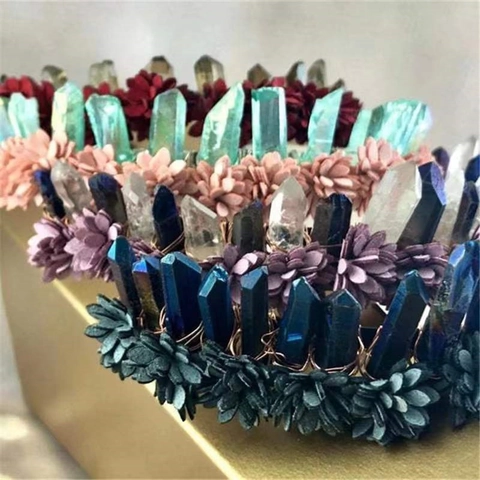 Serre-Tête Couronne de Fleurs en Cristal Naturel Fait à la Main pour Femmes Tiare de Fée Style Bohème Forêt Accessoires Cheveux