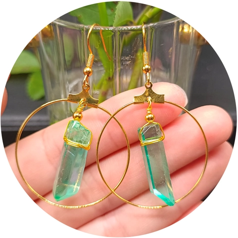 Bohemian Gold Alloy Natural Crystal Hoop Earrings Round Circle Wire Wrapped Quartz Stone Drop Earrings For Women Jewelry