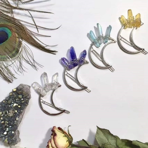 Handgemachte Boho Mond Haarspange Naturkristall Mondform Legierung Sichel Haarnadel Vintage Wald Stil Haarschmuck Damen