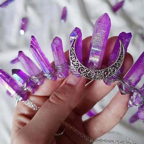 Fascia per Capelli a Corona di Luna in Cristallo Naturale Rosso Porpora Bohemien Tiara Celeste Artigianale per Feste Matrimoni Accessori Donna