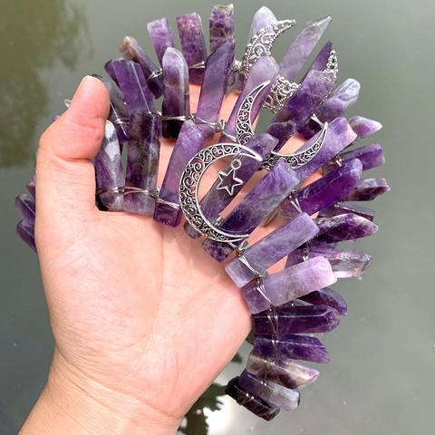 Cerchietto a Corona in Fette di Ametista Naturale Fatto a Mano Bohémien Accessori Luna Stella Argento Copricapo Festa Donna