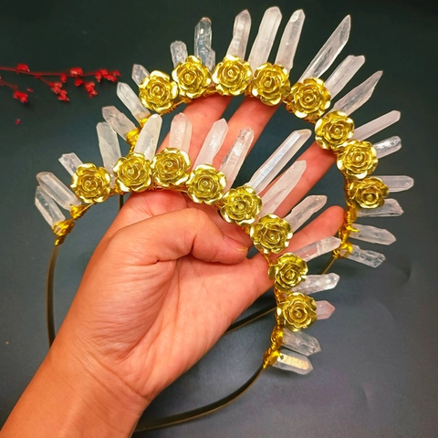 Cerchietto Fatto a Mano con Cristallo Bianco Naturale e Rosa in Metallo Oro Corona Halo da Dea per Matrimonio Festa Cosplay Donna
