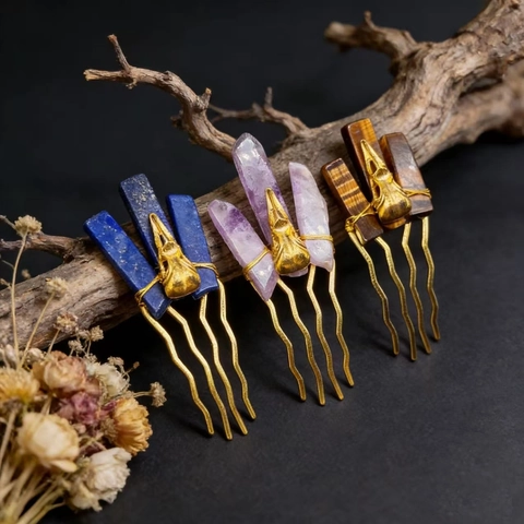 Natural Raw Crystal Hair Comb Vintage Gothic Crow Skull Bird Head Hair Pin Handmade Woven Bridal Holiday Jewelry Gift