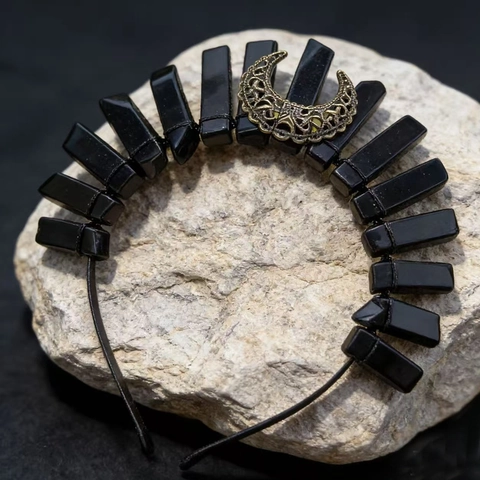 Diadema de Cristal de Piedra Natural Bohemia Con Corona de Aleación de Luna Hueca Accesorios Góticos para el Cabello para Mujer Tocado de Fiesta de Boda