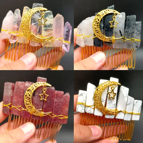 Peine de Pelo de Cristal Natural Hecho a Mano Con Colgante de Luna Estrella Oro Tocado Místico Vintage Bohemio para Mujer Joyas de Boda