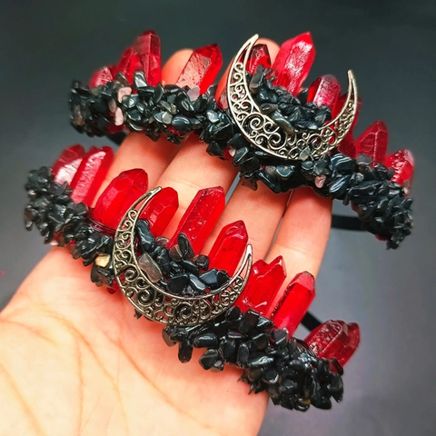 Gothic Natürliche Aura Kristall Mond Krone Haarreif Böhmisch Quarz Stein Tiara Witchy Haarschmuck Für Hochzeit Party Damen