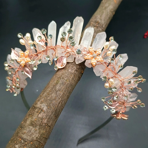 Diadema de Novia de Cristal Blanco Natural Bohemio Hecho a Mano Flor Diamantes de Imitación Perla Artificial Corona Boda