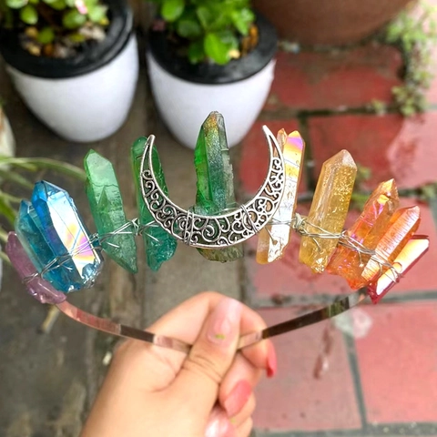 Tiara Corona in Cristallo Naturale Arcobaleno Bohemien Cerchietto Luna in Lega Fatto a Mano per Donna Matrimonio Festa Halloween Accessori Capelli