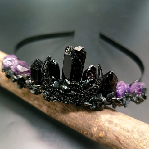Gothic Dark Moon Natur Amethyst Kristall Krone Haarreif Handgefertigte Schwarze Naturkristall Haarkrone Für Damen Party Halloween Zubehör
