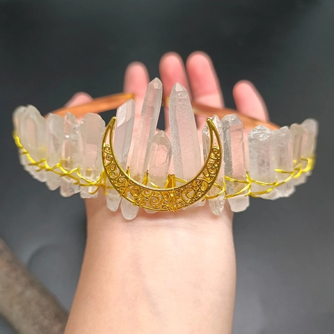 Bohemian Natural White Crystal Moon Crown Handmade Gold Headband Mystical Forest Style Wedding Party Hair Accessory For Women