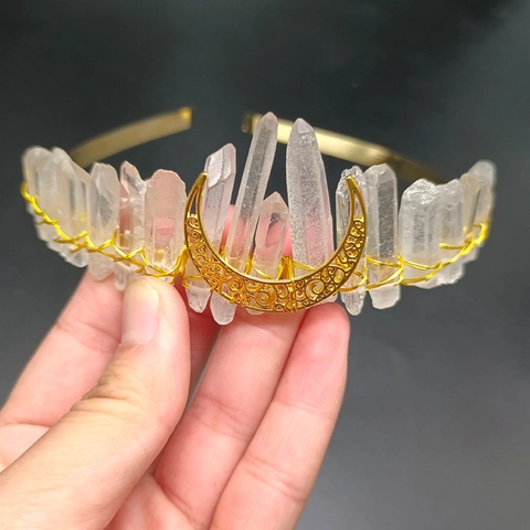 Bohemian Natural White Crystal Moon Crown Handmade Gold Headband Mystical Forest Style Wedding Party Hair Accessory For Women