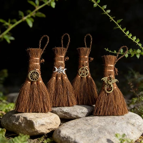 Mini Scopa da Strega Decorazione Halloween Fatta a Mano Fibra di Palma Naturale Pentagramma Luna Sole Altare Mistico Ornamento