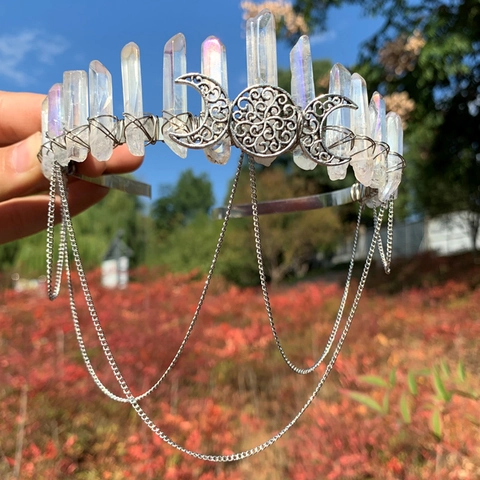 Diadema de Corona de Cristal Natural Luna Bohemio Cristal Blanco Irisado con Cadena de Flecos Accesorio para el Cabello Mujer