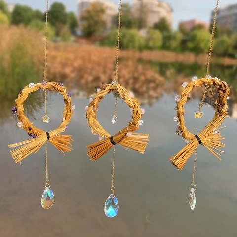 Natural Amethyst Rose Quartz Crushed Stone Straw Woven Wind Chime Handmade Hanging Decoration Crystal Suncatcher Home Garden Decor