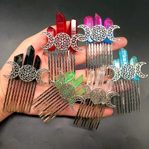 Handgefertigt Natur Kristall Haarkamm Dreifaltige Mondgöttin Krone Braut Kopfschmuck Boho Hexe Mond Haar Accessoires Für Damen Hochzeit Geschenk