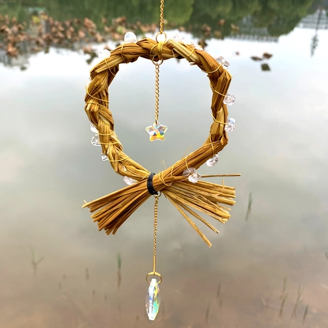 Natural Amethyst Rose Quartz Crushed Stone Straw Woven Wind Chime Handmade Hanging Decoration Crystal Suncatcher Home Garden Decor