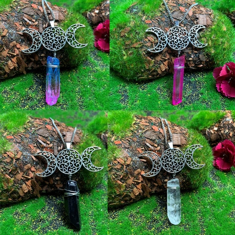 Collar de Colgante de Cristal Natural Diosa Triple Luna Joyería Wiccana Hecha a Mano Collar de Piedra Curativa Mujer