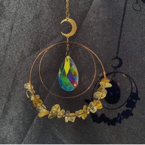 Handmade Bohemian Moon Crystal Suncatcher Wind Chime With Natural Amethyst Stone Chips Prism Hanging Decor For Home Garden