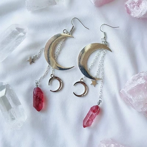 Boho Triple Maan Ster Kristal Hangoorbellen Voor Vrouwen Legering Gothic Mystery Geometrisch Kristal Punt Oorhaken Sieraden