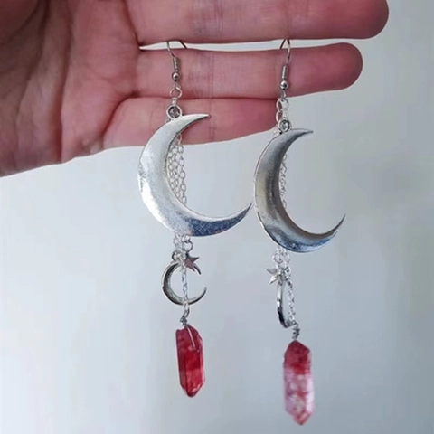 Boho Triple Maan Ster Kristal Hangoorbellen Voor Vrouwen Legering Gothic Mystery Geometrisch Kristal Punt Oorhaken Sieraden