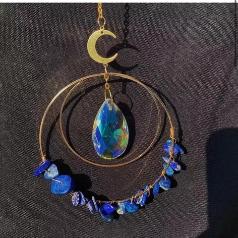 Handmade Bohemian Moon Crystal Suncatcher Wind Chime With Natural Amethyst Stone Chips Prism Hanging Decor For Home Garden