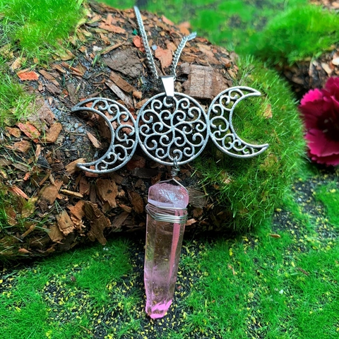 Collar de Colgante de Cristal Natural Diosa Triple Luna Joyería Wiccana Hecha a Mano Collar de Piedra Curativa Mujer