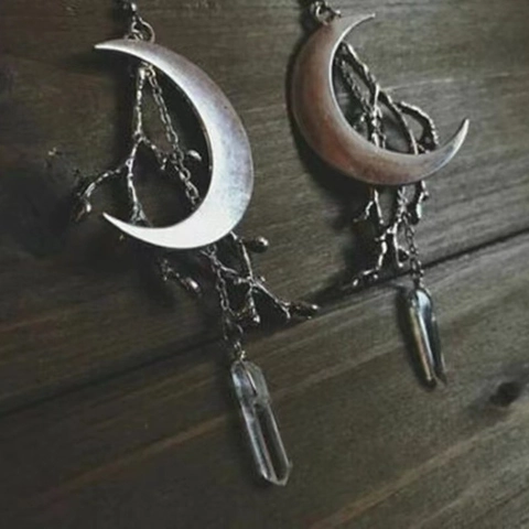 Naturkristall Sichelmond Hängeohrringe Antiksilber Legierung Ast Schmuck Für Damen Bohemian Gothic Party Accessoire