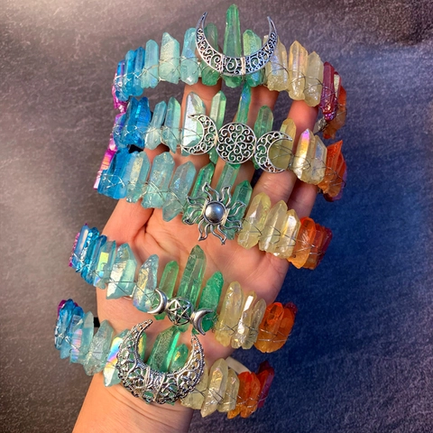 Handmade Rainbow Crystal Tiara Crown Gothic Mystical Moon Sun Metal Decor Gradient Color Headband For Women Festival Party Jewelry